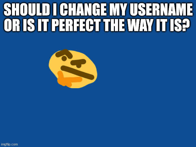question | SHOULD I CHANGE MY USERNAME OR IS IT PERFECT THE WAY IT IS? | image tagged in slate blue solid color background | made w/ Imgflip meme maker