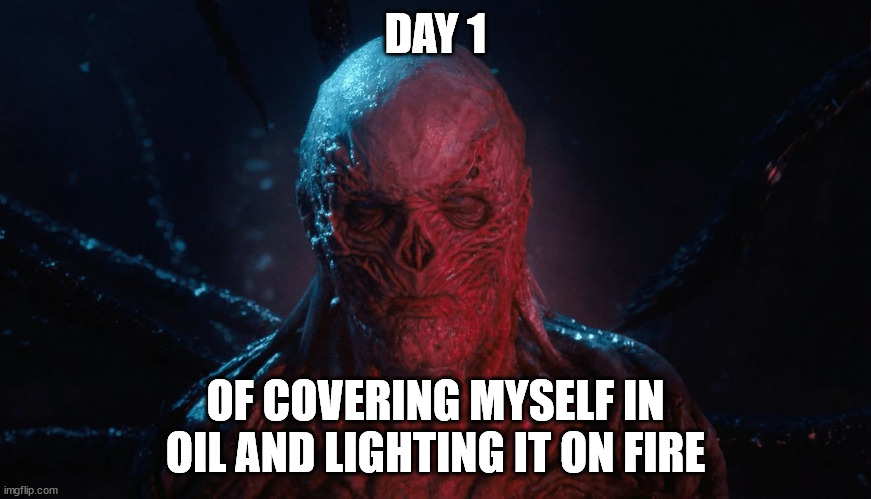 cover yourself in oil | DAY 1; OF COVERING MYSELF IN OIL AND LIGHTING IT ON FIRE | image tagged in stranger things,cover yourself in oil | made w/ Imgflip meme maker