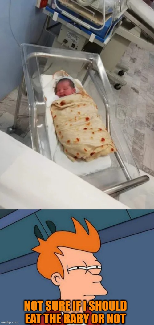 (Owner note: Do it) | NOT SURE IF I SHOULD EAT THE BABY OR NOT | image tagged in memes,futurama fry | made w/ Imgflip meme maker
