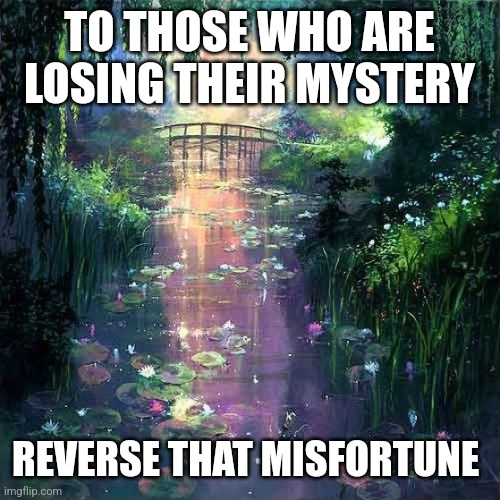Sense of enchantment | TO THOSE WHO ARE LOSING THEIR MYSTERY; REVERSE THAT MISFORTUNE | image tagged in mystery | made w/ Imgflip meme maker