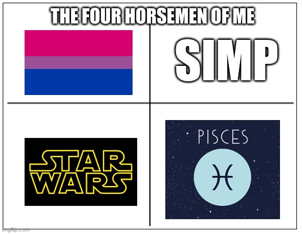 ME | SIMP; THE FOUR HORSEMEN OF ME | image tagged in 4 square grid | made w/ Imgflip meme maker