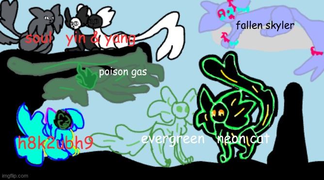 all my cat ocs_ inspired by M0ss_Th3_Gh0st | soul   yin & yang; fallen skyler; poison gas; evergreen   neon cat; h8k2ubh9 | image tagged in cats,drawing | made w/ Imgflip meme maker