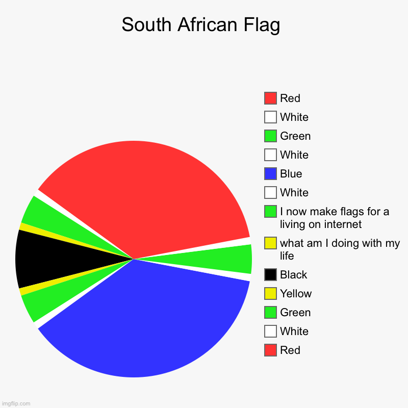 South African Flag | Red, White, Green, Yellow, Black, what am I doing with my life, I now make flags for a living on internet, White, Blue, | image tagged in charts,pie charts | made w/ Imgflip chart maker