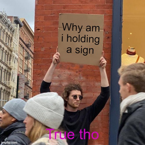 Why am i holding a sign; True tho | image tagged in memes,guy holding cardboard sign | made w/ Imgflip meme maker