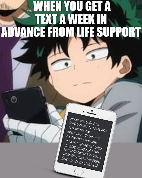 die with out it | WHEN YOU GET A TEXT A WEEK IN ADVANCE FROM LIFE SUPPORT | image tagged in deku dissapointed | made w/ Imgflip meme maker