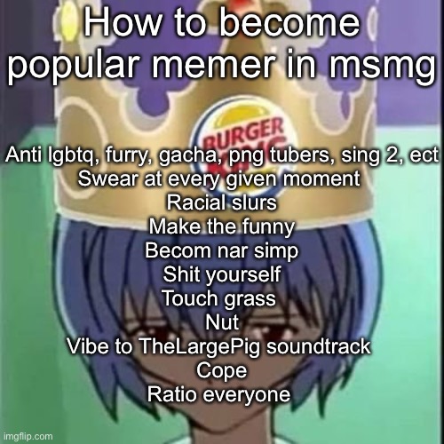 *Nar | How to become popular memer in msmg; Anti lgbtq, furry, gacha, png tubers, sing 2, ect
Swear at every given moment 
Racial slurs
Make the funny
Becom nar simp
Shit yourself
Touch grass 
Nut
Vibe to TheLargePig soundtrack 
Cope
Ratio everyone | image tagged in borgir king | made w/ Imgflip meme maker