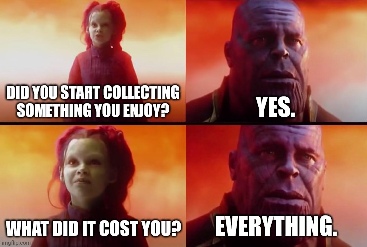 thanos what did it cost | DID YOU START COLLECTING SOMETHING YOU ENJOY? YES. WHAT DID IT COST YOU? EVERYTHING. | image tagged in thanos what did it cost,collecting | made w/ Imgflip meme maker