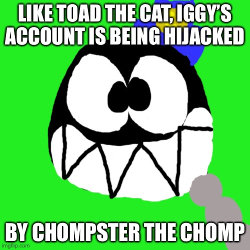 Blank Transparent Square | LIKE TOAD THE CAT, IGGY’S ACCOUNT IS BEING HIJACKED; BY CHOMPSTER THE CHOMP | image tagged in memes,blank transparent square | made w/ Imgflip meme maker