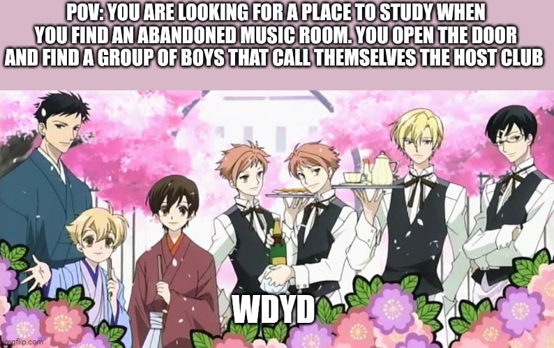 POV: YOU ARE LOOKING FOR A PLACE TO STUDY WHEN YOU FIND AN ABANDONED MUSIC ROOM. YOU OPEN THE DOOR AND FIND A GROUP OF BOYS THAT CALL THEMSELVES THE HOST CLUB; WDYD | made w/ Imgflip meme maker