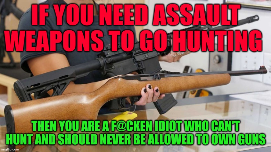 Assault weapons | IF YOU NEED ASSAULT WEAPONS TO GO HUNTING; THEN YOU ARE A F@CKEN IDIOT WHO CAN'T HUNT AND SHOULD NEVER BE ALLOWED TO OWN GUNS | image tagged in assault weapons | made w/ Imgflip meme maker