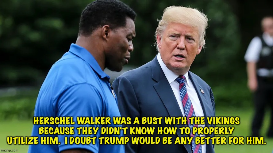 A disaster in the making. | HERSCHEL WALKER WAS A BUST WITH THE VIKINGS BECAUSE THEY DIDN'T KNOW HOW TO PROPERLY UTILIZE HIM.  I DOUBT TRUMP WOULD BE ANY BETTER FOR HIM. | image tagged in herschel walker trump | made w/ Imgflip meme maker