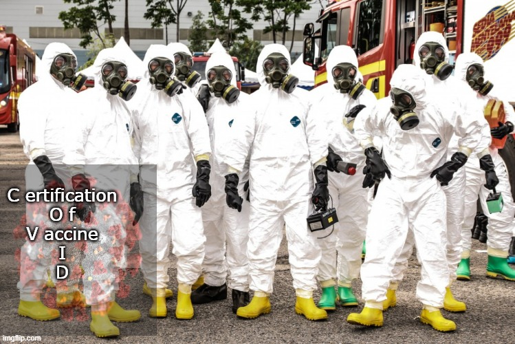 A play on words on Covid-19 | C ertification
O f
V accine
I
D | image tagged in hazmat suits | made w/ Imgflip meme maker