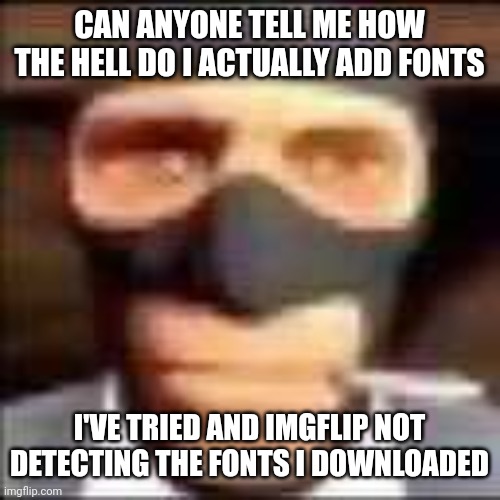 just need a little help, telling it here might not get a very accurate answer or is it? | CAN ANYONE TELL ME HOW THE HELL DO I ACTUALLY ADD FONTS; I'VE TRIED AND IMGFLIP NOT DETECTING THE FONTS I DOWNLOADED | image tagged in spi | made w/ Imgflip meme maker