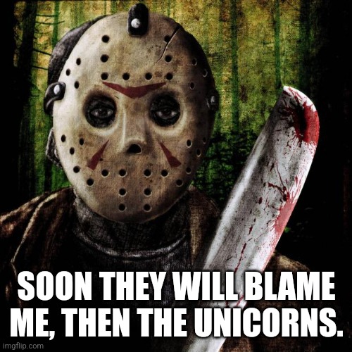 Jason Voorhees | SOON THEY WILL BLAME ME, THEN THE UNICORNS. | image tagged in jason voorhees | made w/ Imgflip meme maker