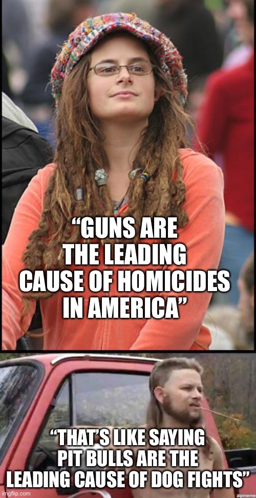 The leading cause of homicide is humans | “GUNS ARE THE LEADING CAUSE OF HOMICIDES IN AMERICA”; “THAT’S LIKE SAYING PIT BULLS ARE THE LEADING CAUSE OF DOG FIGHTS” | image tagged in gun laws,stupid liberals,liberal logic | made w/ Imgflip meme maker