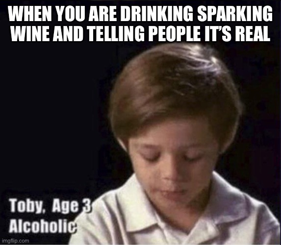 Toby Age 3 Alcoholic | WHEN YOU ARE DRINKING SPARKING WINE AND TELLING PEOPLE IT’S REAL | image tagged in toby age 3 alcoholic | made w/ Imgflip meme maker