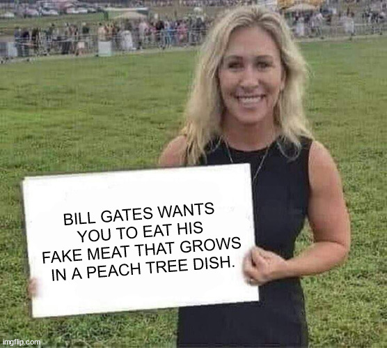 Yes. She said that. | BILL GATES WANTS YOU TO EAT HIS FAKE MEAT THAT GROWS IN A PEACH TREE DISH. | image tagged in marjorie taylor greene | made w/ Imgflip meme maker