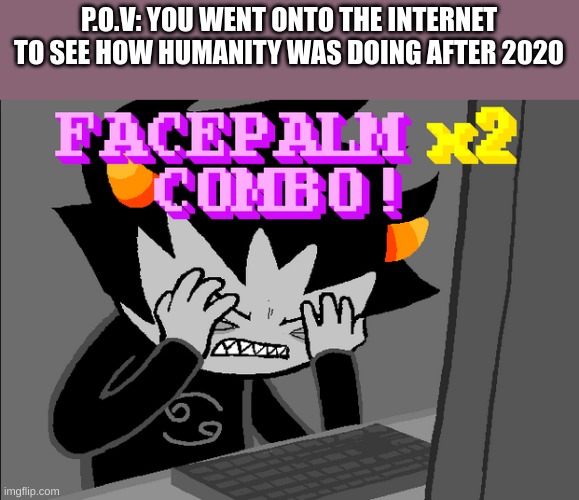 karkat Homestuck | P.O.V: YOU WENT ONTO THE INTERNET TO SEE HOW HUMANITY WAS DOING AFTER 2020 | image tagged in karkat homestuck | made w/ Imgflip meme maker