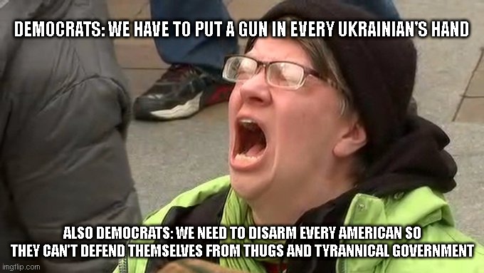 DEMOCRATS: WE HAVE TO PUT A GUN IN EVERY UKRAINIAN'S HAND; ALSO DEMOCRATS: WE NEED TO DISARM EVERY AMERICAN SO THEY CAN'T DEFEND THEMSELVES FROM THUGS AND TYRANNICAL GOVERNMENT | made w/ Imgflip meme maker