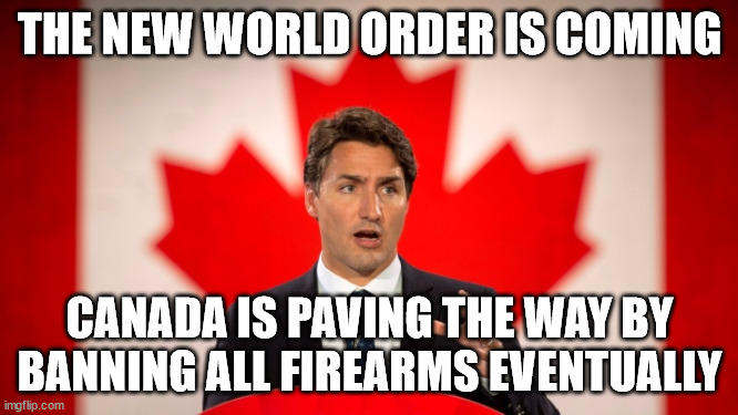 Banning guns | THE NEW WORLD ORDER IS COMING; CANADA IS PAVING THE WAY BY BANNING ALL FIREARMS EVENTUALLY | image tagged in justin trudeau,gun control,guns,liberals,canada,government | made w/ Imgflip meme maker