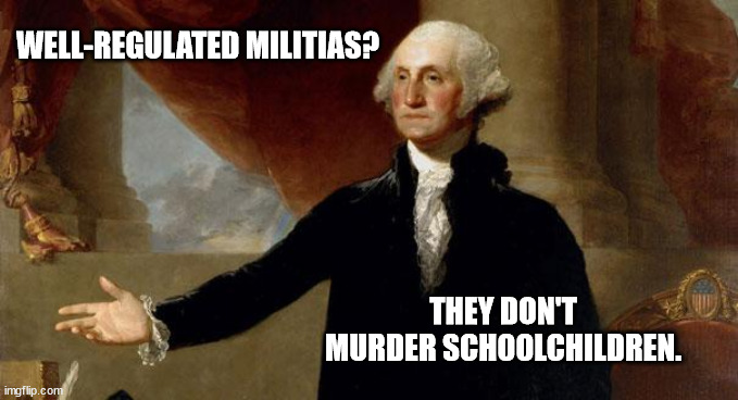george washington | WELL-REGULATED MILITIAS? THEY DON'T MURDER SCHOOLCHILDREN. | image tagged in george washington | made w/ Imgflip meme maker
