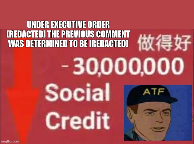 social credit | UNDER EXECUTIVE ORDER [REDACTED] THE PREVIOUS COMMENT WAS DETERMINED TO BE [REDACTED] | image tagged in social credit | made w/ Imgflip meme maker
