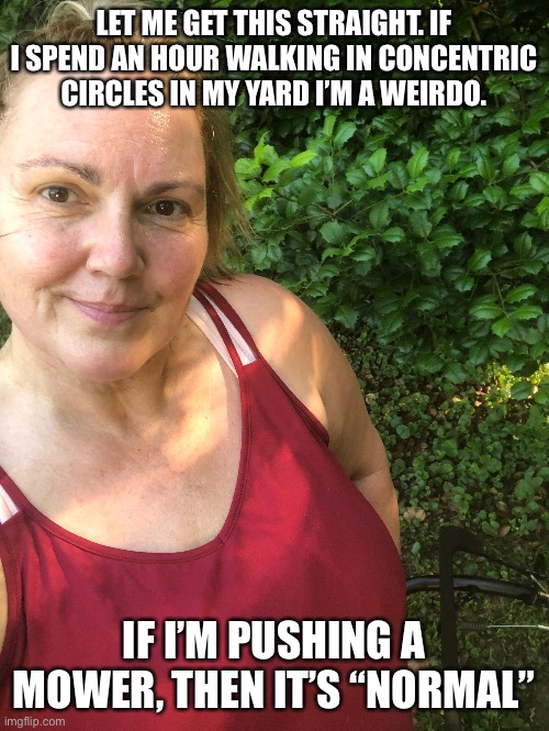 Let me get this straight | LET ME GET THIS STRAIGHT. IF I SPEND AN HOUR WALKING IN CONCENTRIC CIRCLES IN MY YARD I’M A WEIRDO. IF I’M PUSHING A MOWER, THEN IT’S “NORMAL” | image tagged in mowing | made w/ Imgflip meme maker