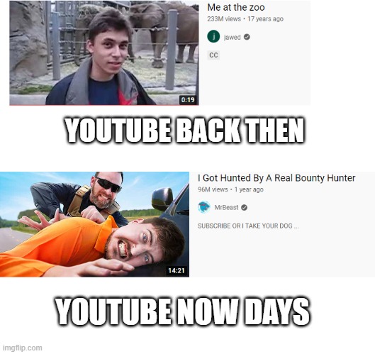 Youtube back then V.S now | YOUTUBE BACK THEN; YOUTUBE NOW DAYS | image tagged in youtube,comparison,relatable,mrbeast | made w/ Imgflip meme maker