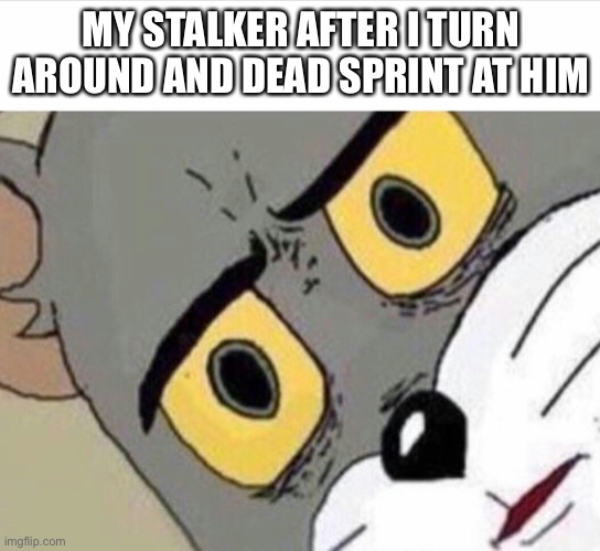 Meme thought of in a video call | MY STALKER AFTER I TURN AROUND AND DEAD SPRINT AT HIM | image tagged in disturbed tom improved | made w/ Imgflip meme maker