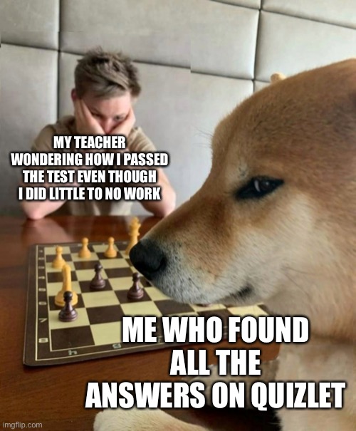 Based on a true story | MY TEACHER WONDERING HOW I PASSED THE TEST EVEN THOUGH I DID LITTLE TO NO WORK; ME WHO FOUND ALL THE ANSWERS ON QUIZLET | image tagged in chess doge,i am smort,quizlet | made w/ Imgflip meme maker