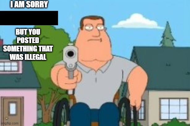 I am sorry *blank* but you posted something that was illegal | I AM SORRY; BUT YOU POSTED SOMETHING THAT WAS ILLEGAL | image tagged in joe swanson gun,illegal | made w/ Imgflip meme maker