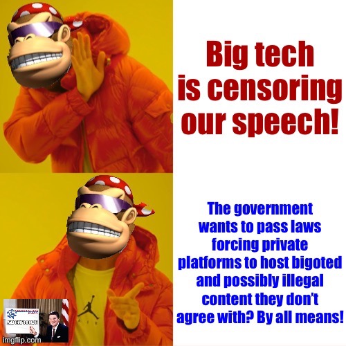 Only Big Brother can protect our First Amendment! | image tagged in free speech,big tech,conservative,party,fires,back | made w/ Imgflip meme maker