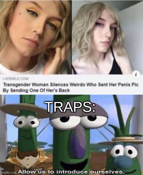  TRAPS: | image tagged in veggietales 'allow us to introduce ourselfs' | made w/ Imgflip meme maker