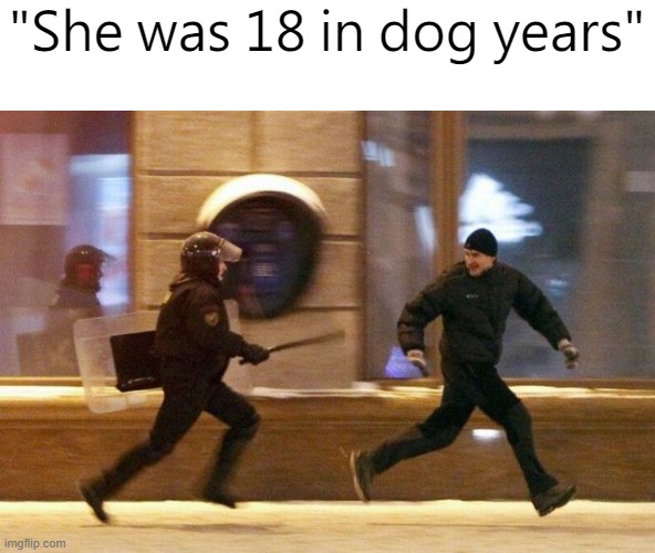 Running cop | "She was 18 in dog years" | image tagged in running cop | made w/ Imgflip meme maker