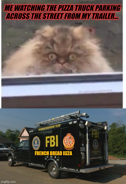 I don't remember ordering pizza... | ME WATCHING THE PIZZA TRUCK PARKING ACROSS THE STREET FROM MY TRAILER... FRENCH BREAD IIZZA | image tagged in pizza,fbi,on your knees,or youll be replaced | made w/ Imgflip meme maker