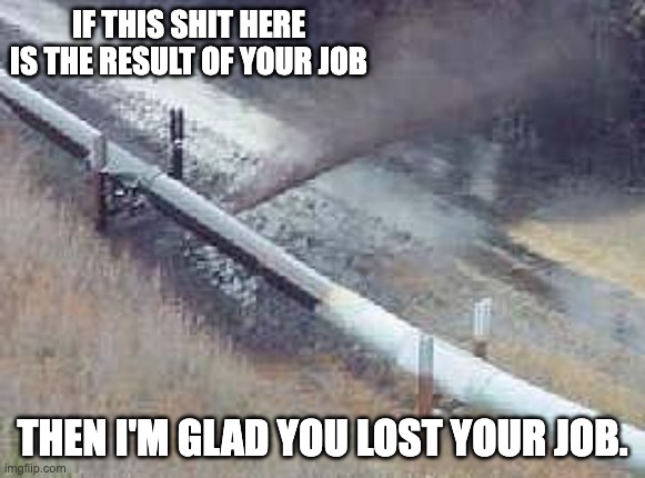 The pipeline workers had Union jobs anyway, they’ll be fine. | IF THIS SHIT HERE IS THE RESULT OF YOUR JOB; THEN I'M GLAD YOU LOST YOUR JOB. | image tagged in pipeline oil spill,climate change,pollution | made w/ Imgflip meme maker