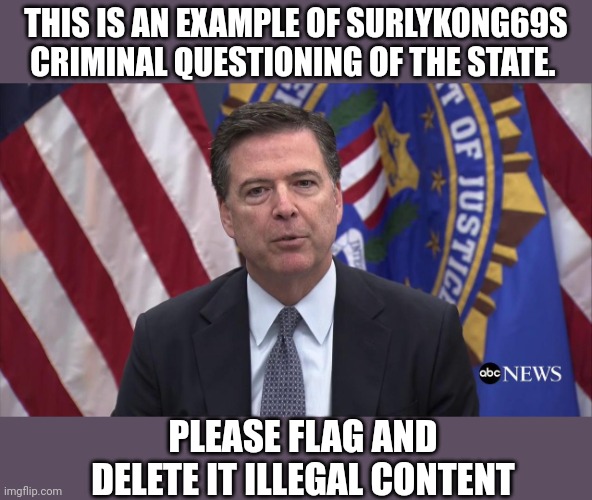 FBI Director James Comey | THIS IS AN EXAMPLE OF SURLYKONG69S CRIMINAL QUESTIONING OF THE STATE. PLEASE FLAG AND DELETE IT ILLEGAL CONTENT | image tagged in fbi director james comey | made w/ Imgflip meme maker