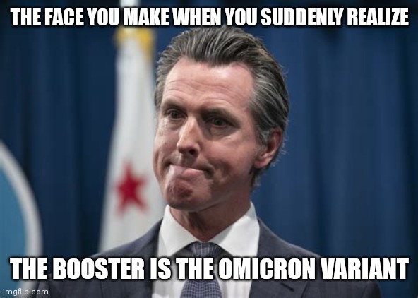 THE FACE GAVIN NEWSOM MAKES | THE FACE YOU MAKE WHEN YOU SUDDENLY REALIZE; THE BOOSTER IS THE OMICRON VARIANT | image tagged in gavin newsom the face you make,gavin,covid-19,coronavirus,covid | made w/ Imgflip meme maker