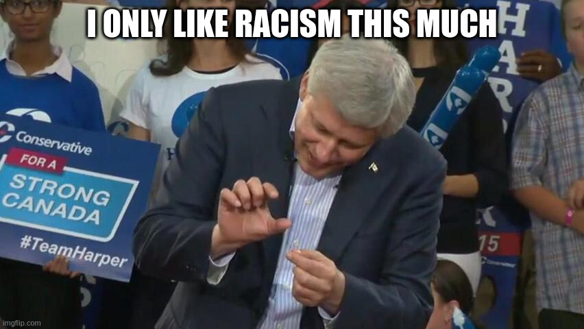 has he ever really tried to hide it | I ONLY LIKE RACISM THIS MUCH | image tagged in stephen harper crushes | made w/ Imgflip meme maker