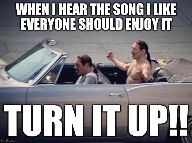 Irony | WHEN I HEAR THE SONG I LIKE
EVERYONE SHOULD ENJOY IT TURN IT UP!! | image tagged in irony | made w/ Imgflip meme maker