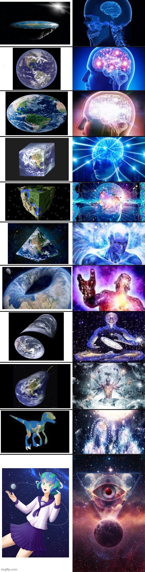 What is Earth Really Shaped Like, you Asked? | image tagged in expanded expanding brain but with pre set-up textboxes,flat earth,earth-chan,minecraft,dinosaur earth,donut earth | made w/ Imgflip meme maker