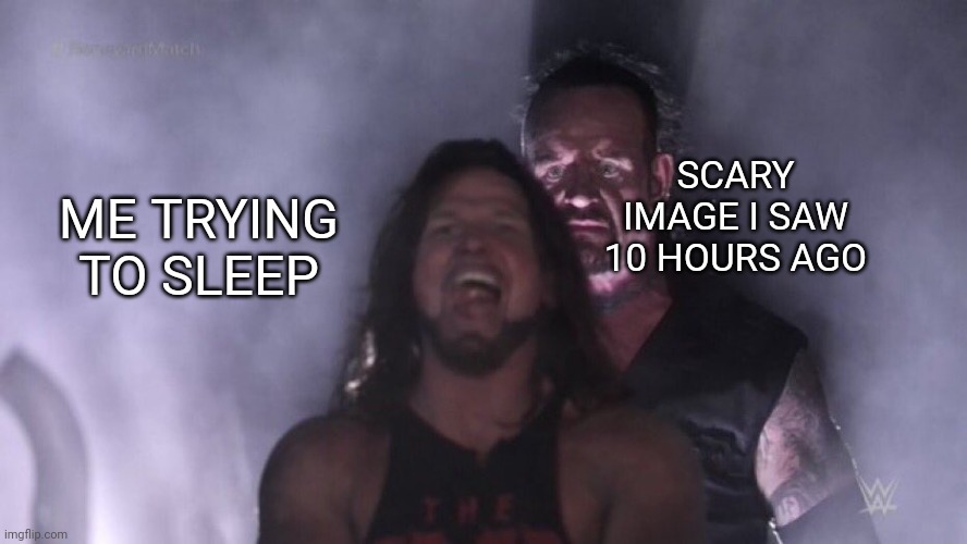 AJ Styles & Undertaker | SCARY IMAGE I SAW 10 HOURS AGO; ME TRYING TO SLEEP | image tagged in aj styles undertaker | made w/ Imgflip meme maker