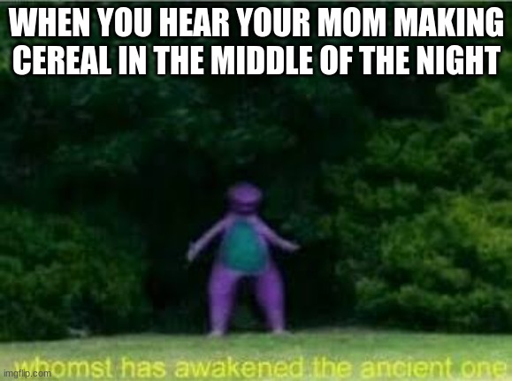 :) | WHEN YOU HEAR YOUR MOM MAKING CEREAL IN THE MIDDLE OF THE NIGHT | image tagged in whomst has awakened the ancient one | made w/ Imgflip meme maker