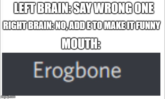 erogbone | LEFT BRAIN: SAY WRONG ONE; RIGHT BRAIN: NO, ADD E TO MAKE IT FUNNY; MOUTH: | image tagged in white background | made w/ Imgflip meme maker