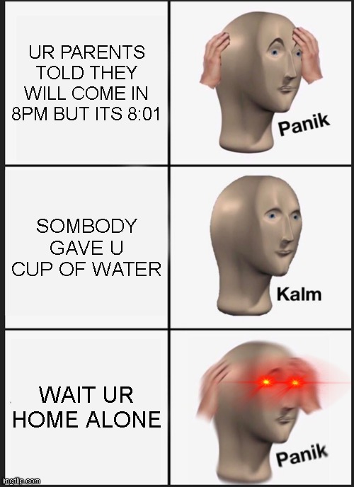 oh shi- | UR PARENTS TOLD THEY WILL COME IN 8PM BUT ITS 8:01; SOMBODY GAVE U CUP OF WATER; WAIT UR HOME ALONE | image tagged in memes,panik kalm panik | made w/ Imgflip meme maker