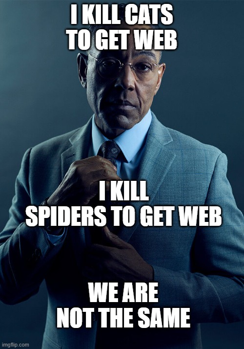 Gus Fring we are not the same | I KILL CATS TO GET WEB; I KILL SPIDERS TO GET WEB; WE ARE NOT THE SAME | image tagged in gus fring we are not the same | made w/ Imgflip meme maker
