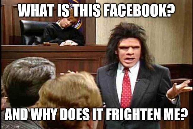 Unfrozen Caveman Lawyer | WHAT IS THIS FACEBOOK? AND WHY DOES IT FRIGHTEN ME? | image tagged in unfrozen caveman lawyer | made w/ Imgflip meme maker