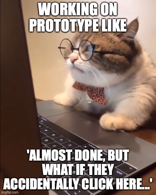research cat | WORKING ON PROTOTYPE LIKE; 'ALMOST DONE, BUT WHAT IF THEY ACCIDENTALLY CLICK HERE...' | image tagged in research cat | made w/ Imgflip meme maker