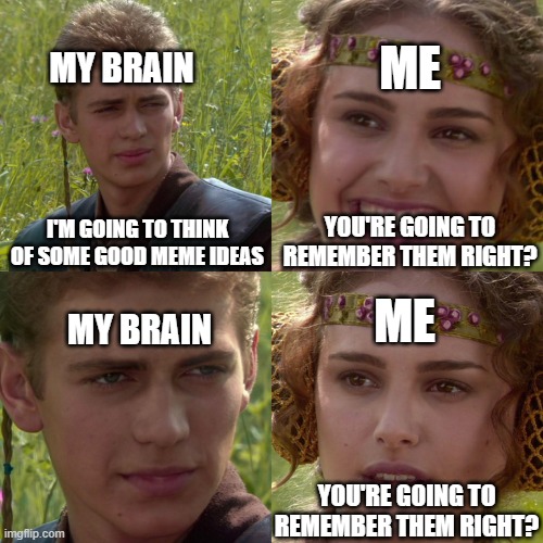 Happens way too often | MY BRAIN; ME; I'M GOING TO THINK OF SOME GOOD MEME IDEAS; YOU'RE GOING TO REMEMBER THEM RIGHT? ME; MY BRAIN; YOU'RE GOING TO REMEMBER THEM RIGHT? | image tagged in anakin padme 4 panel,relatable | made w/ Imgflip meme maker