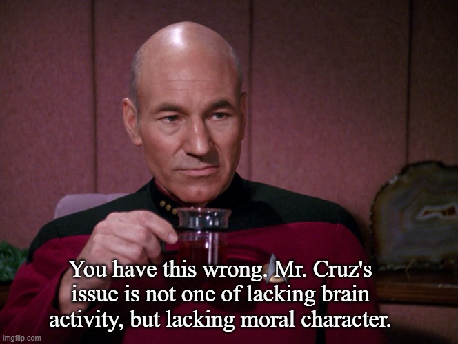 Picard Earl Grey tea | You have this wrong. Mr. Cruz's issue is not one of lacking brain activity, but lacking moral character. | image tagged in picard earl grey tea | made w/ Imgflip meme maker